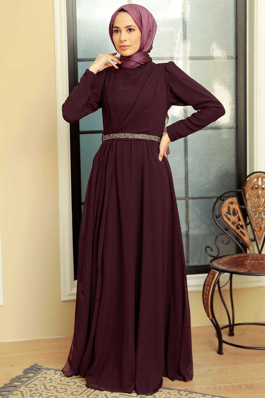 Plum Color Hijab Evening Dress 5737MU