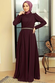 Plum Color Hijab Evening Dress 5737MU - Thumbnail