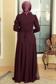 Plum Color Hijab Evening Dress 5737MU - Thumbnail