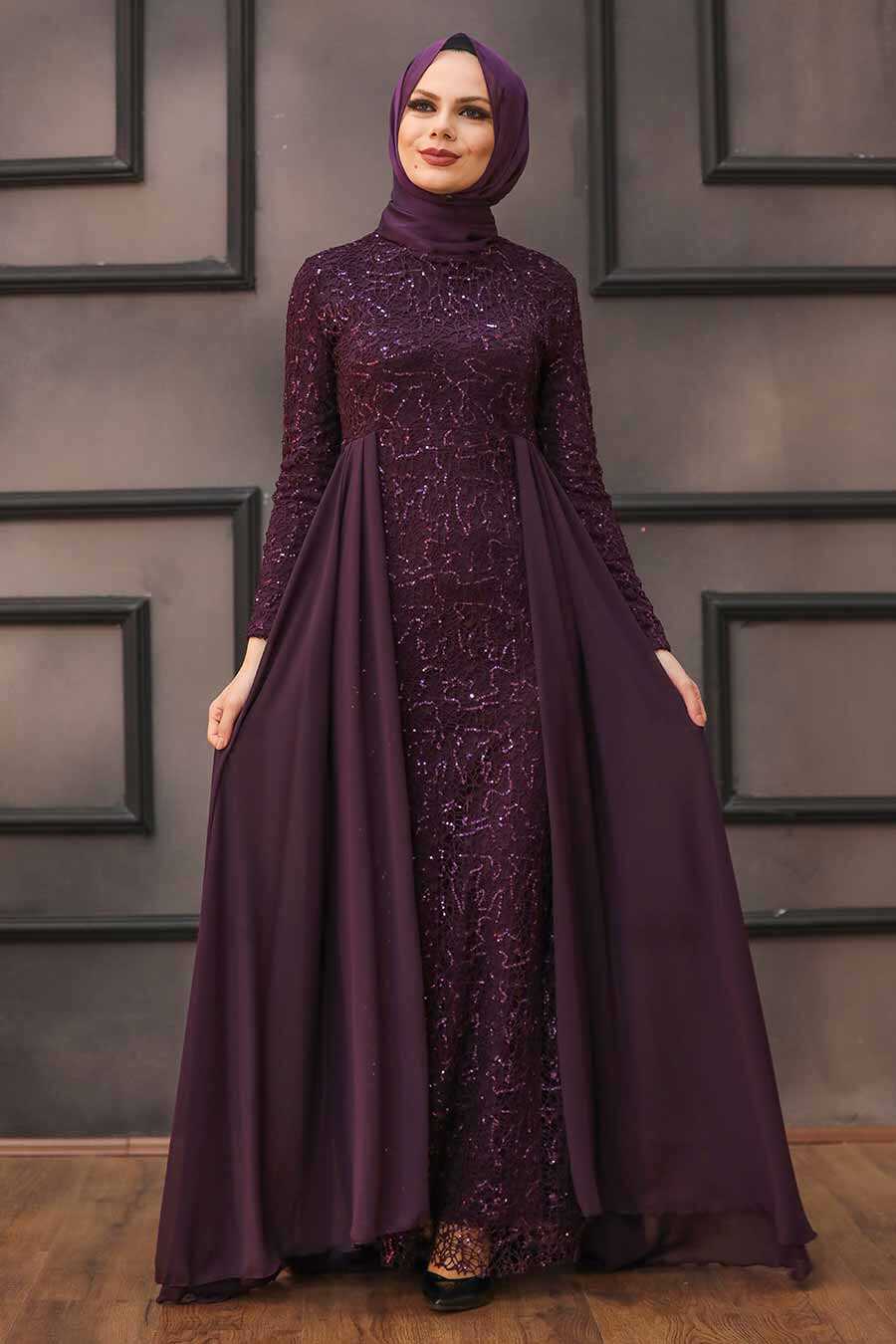 Plum Color Hijab Evening Dress 90000MU