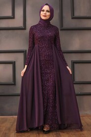 Plum Color Hijab Evening Dress 90000MU - Thumbnail