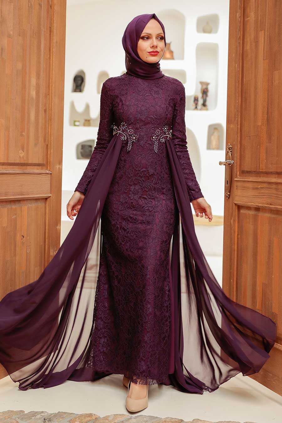 Plum Color Hijab Evening Dress 9105MU