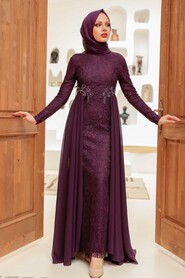 Plum Color Hijab Evening Dress 9105MU - Thumbnail