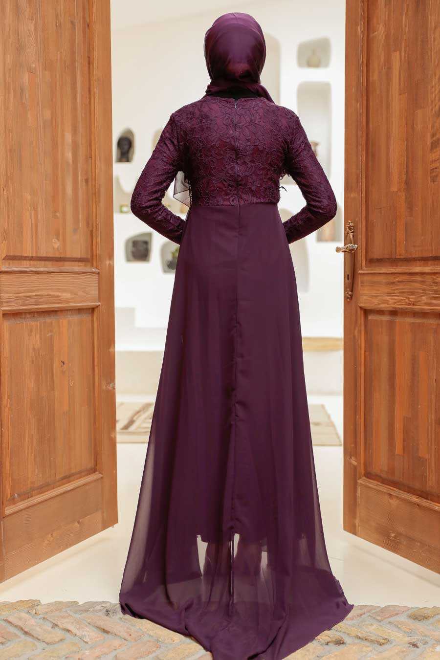 Plum Color Hijab Evening Dress 9105MU