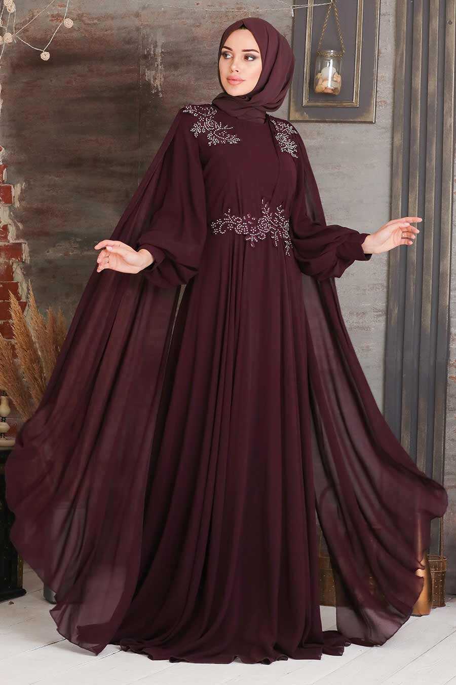 Plum Color Hijab Evening Dress 9130MU