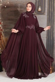 Plum Color Hijab Evening Dress 9130MU - Thumbnail