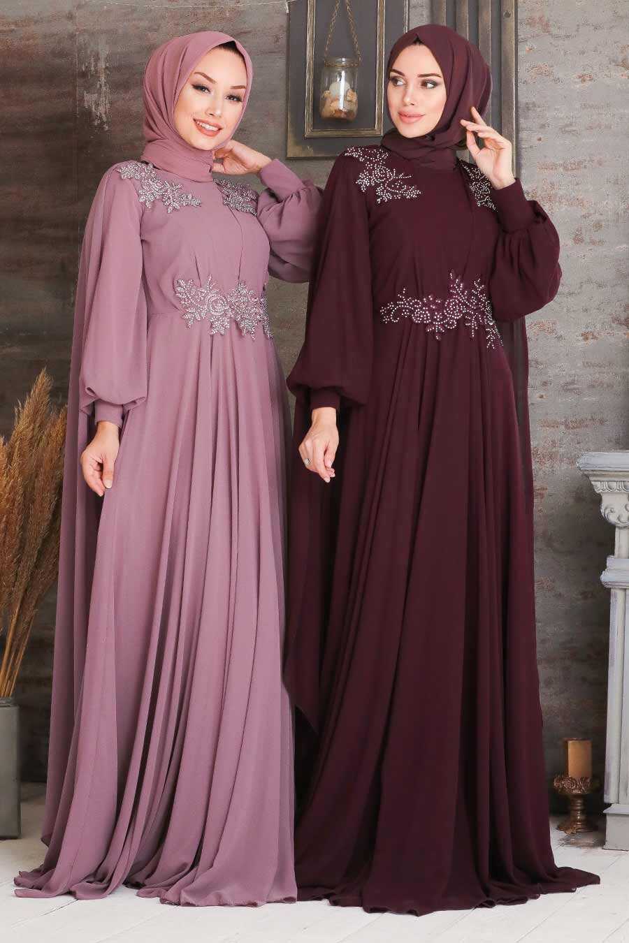 Plum Color Hijab Evening Dress 9130MU