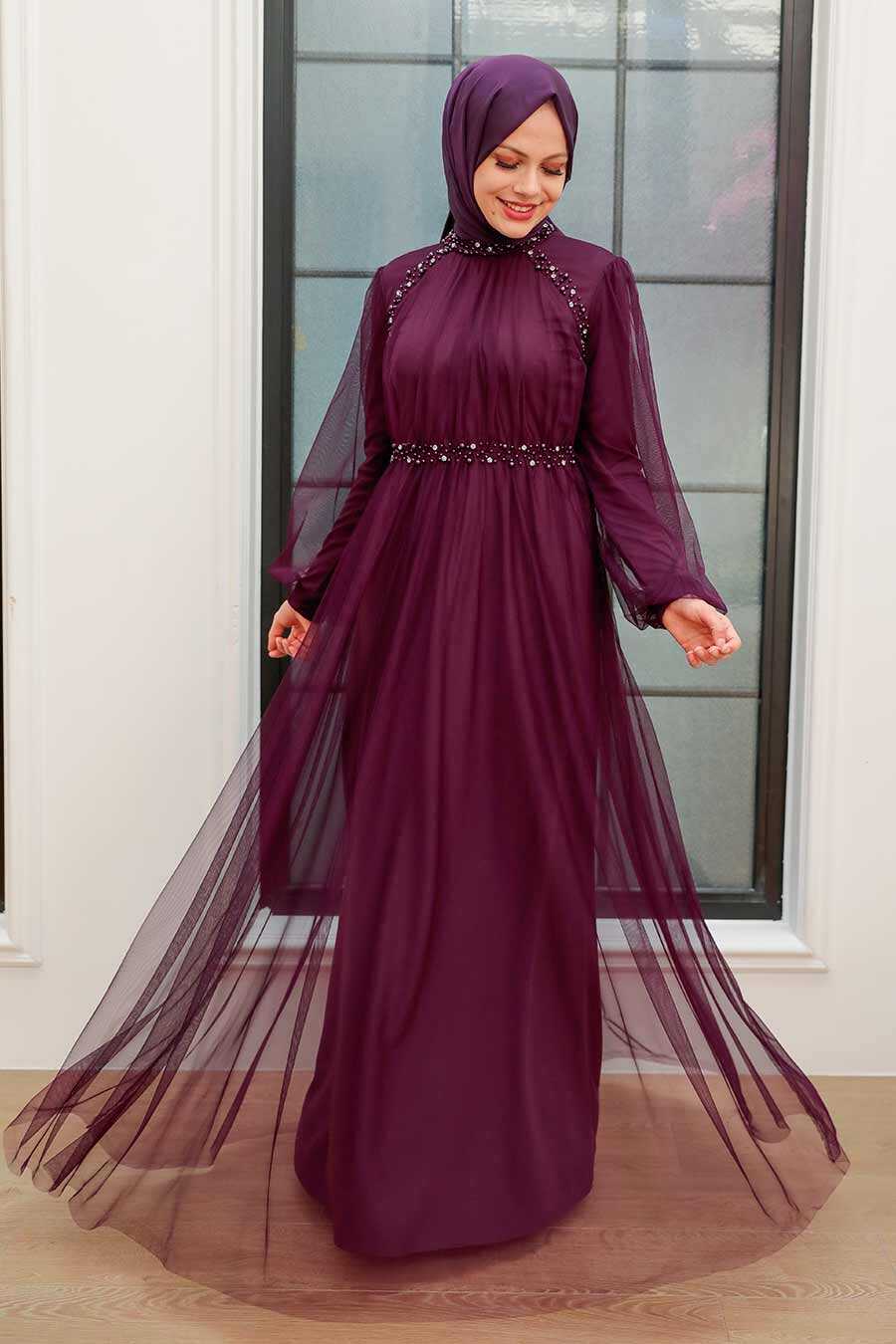Plum Color Hijab Evening Dress 9170MU