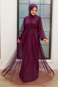 Plum Color Hijab Evening Dress 9170MU - Thumbnail