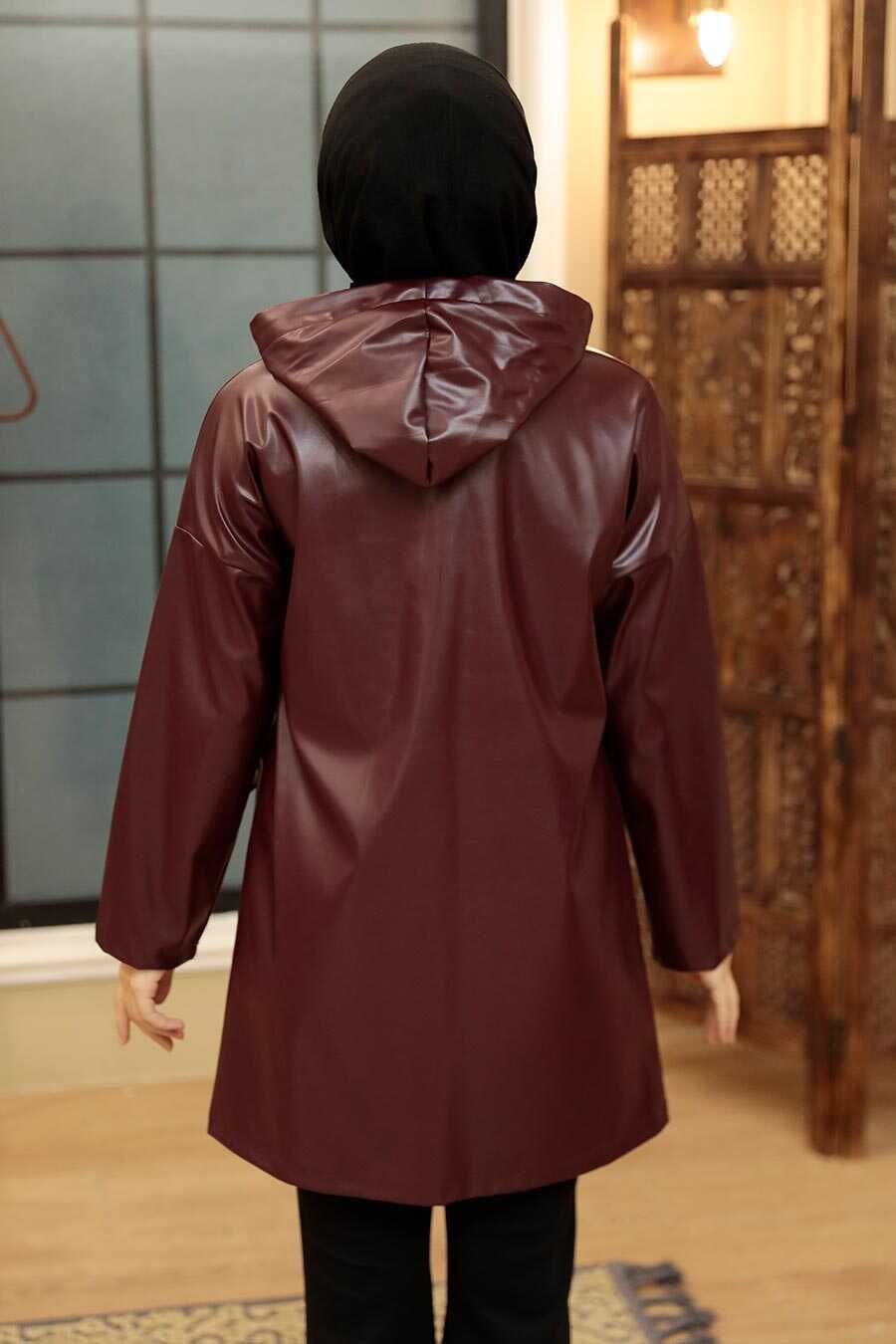 Plum Color Hijab Faux Leather Cap 50153MU