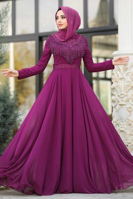 Plum Color Hijab Evening Dress 20901MU - Neva-style.com