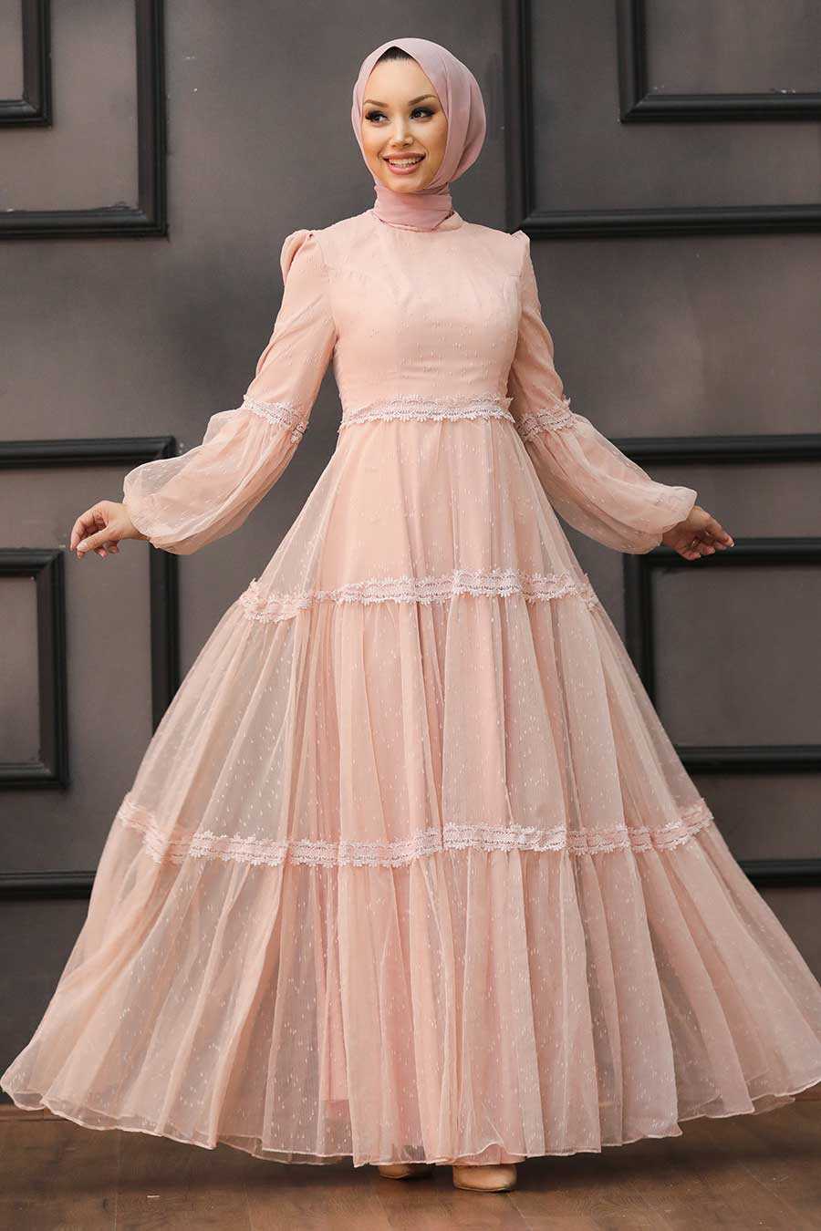 Powder Pink Hijab Evening Dress 2335PD - Neva-style.com