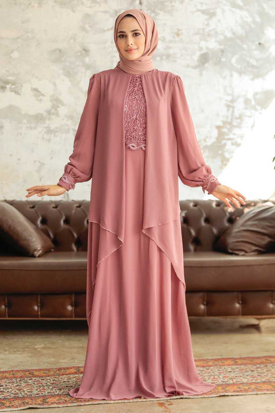 Powder Pink Hijab Evening Dress 25765PD