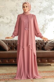 Powder Pink Hijab Evening Dress 25765PD - Thumbnail