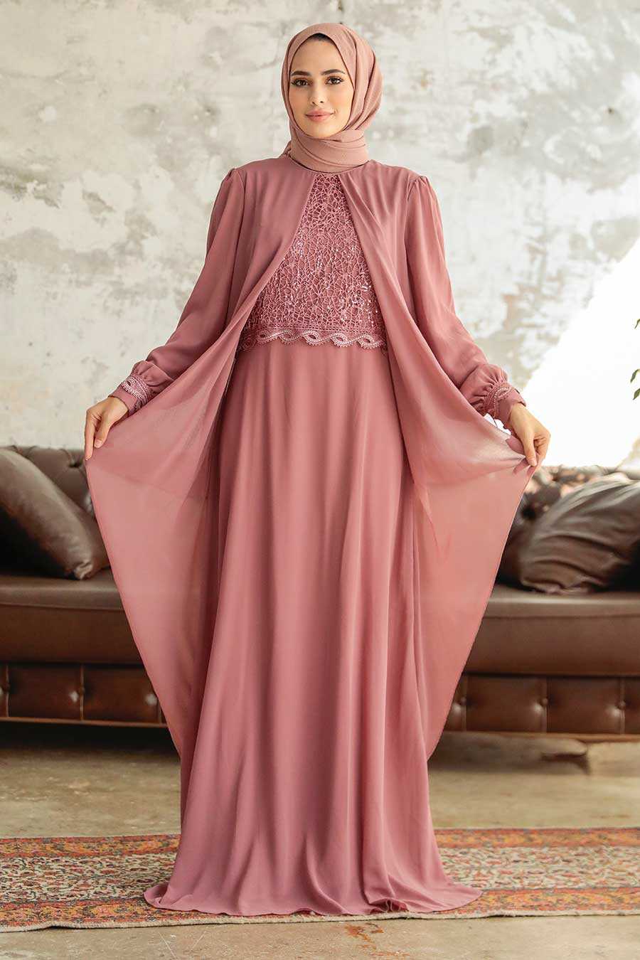 Powder Pink Hijab Evening Dress 25765PD