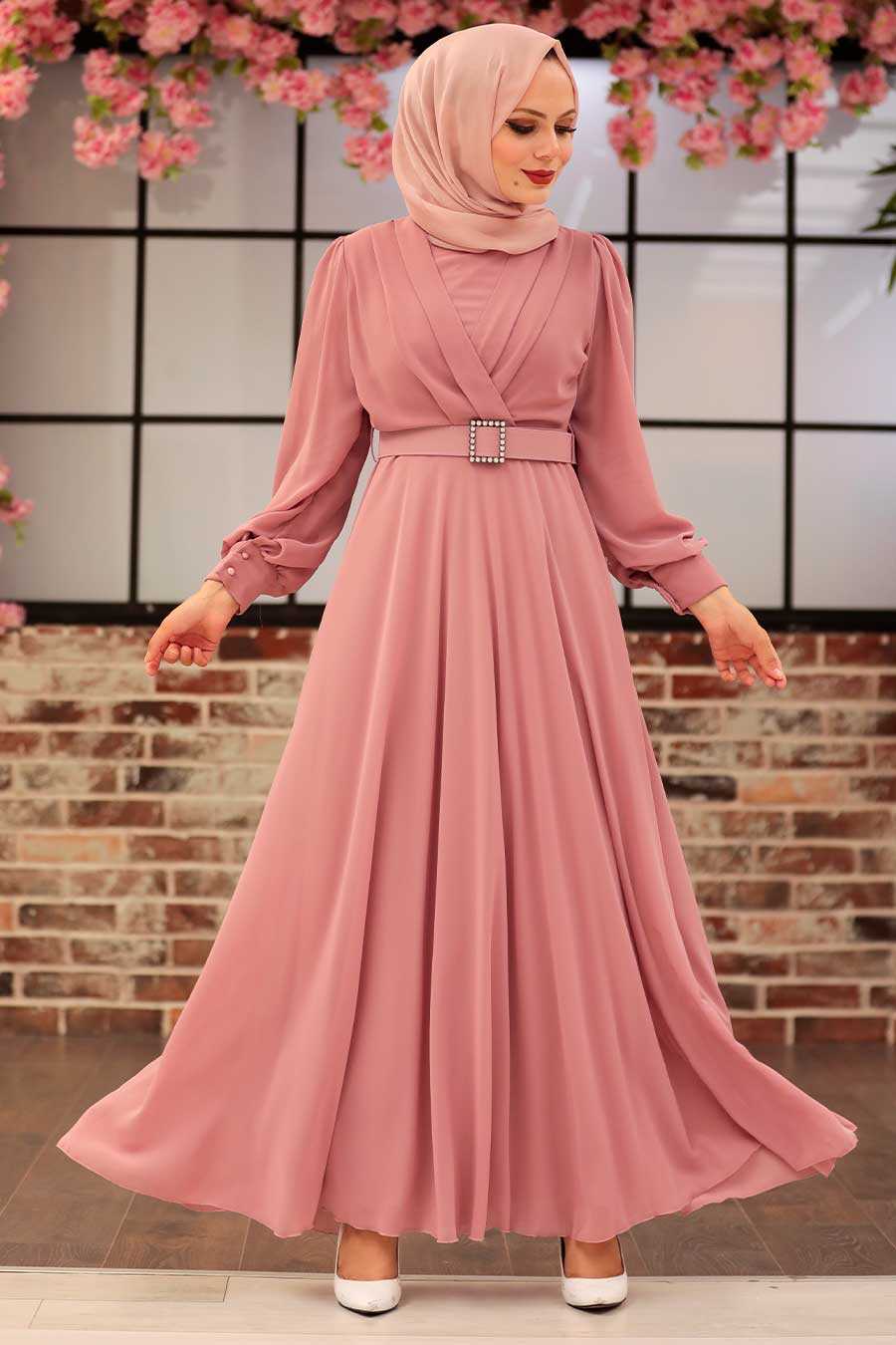Powder Pink Hijab Evening Dress 3060PD ...