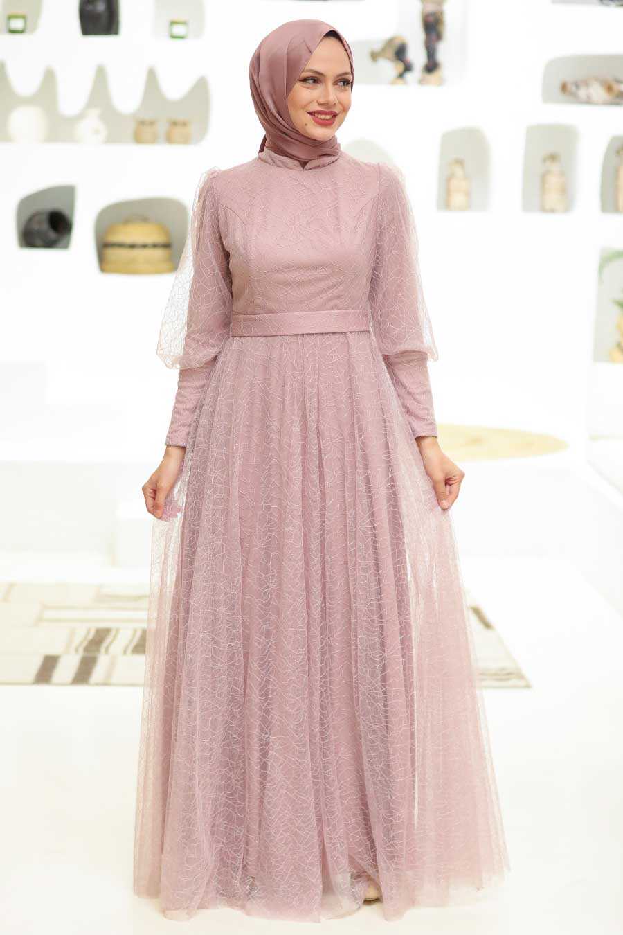 Powder Pink Hijab Evening Dress 32763PD