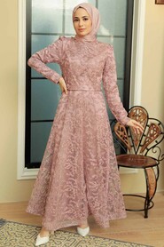 Powder Pink Hijab Evening Dress 3330PD - Thumbnail