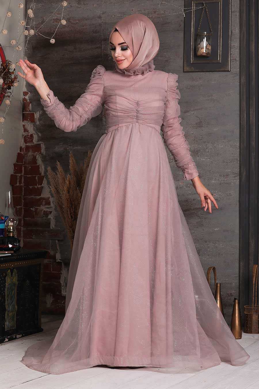 Powder Pink Hijab Evening Dress 41130PD - Neva-style.com