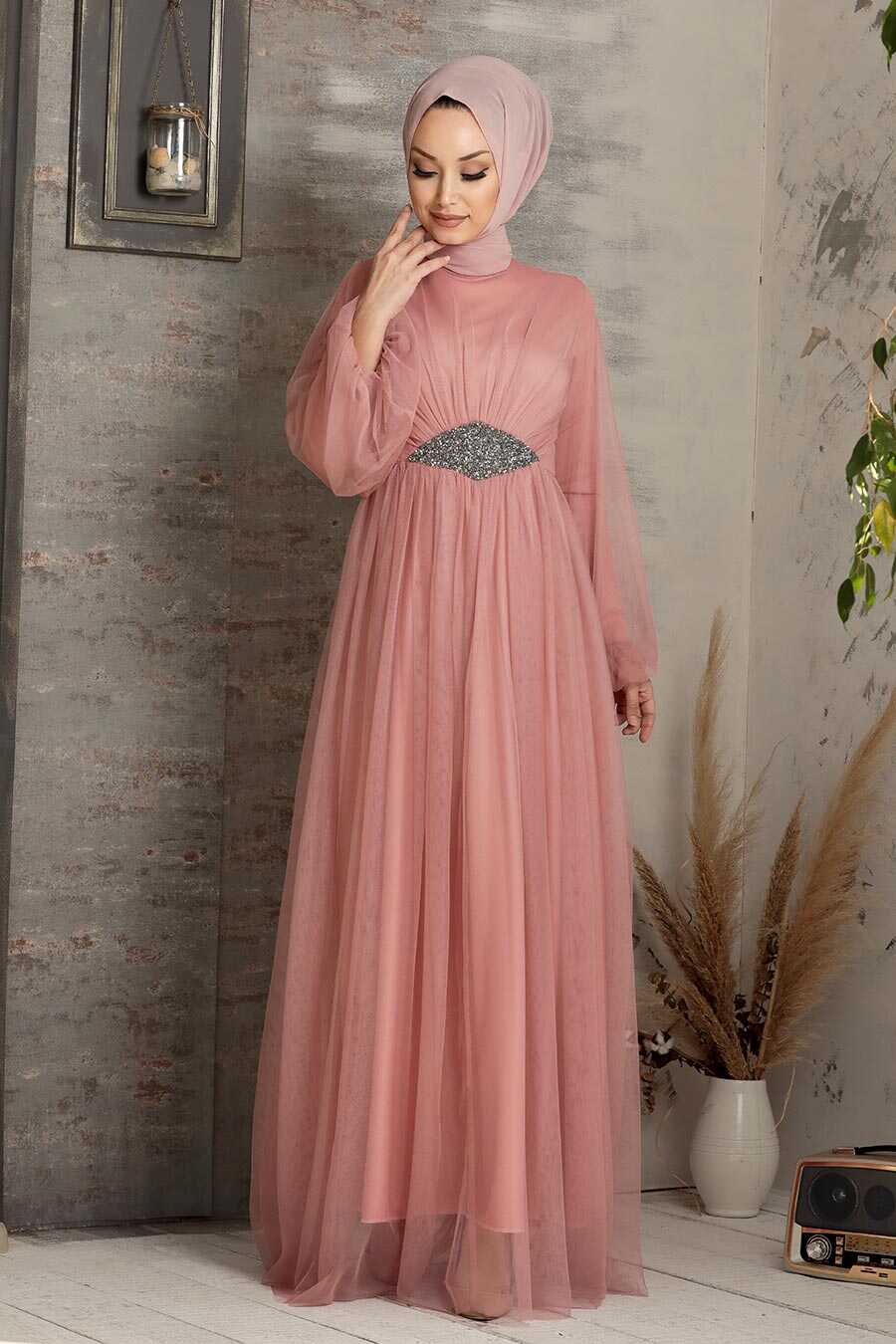 Powder Pink Hijab Evening Dress 54230PD