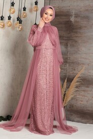 Powder Pink Hijab Evening Dress 5441PD - Thumbnail