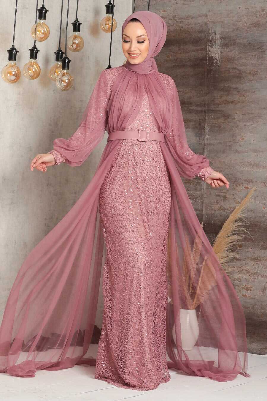 Powder Pink Hijab Evening Dress 5441PD