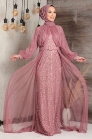 Powder Pink Hijab Evening Dress 5441PD - Thumbnail