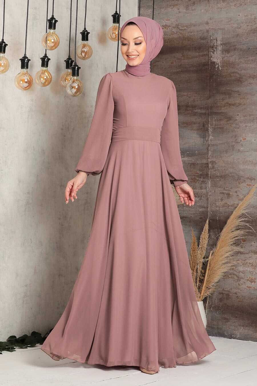 Powder Pink Hijab Evening Dress 5470PD
