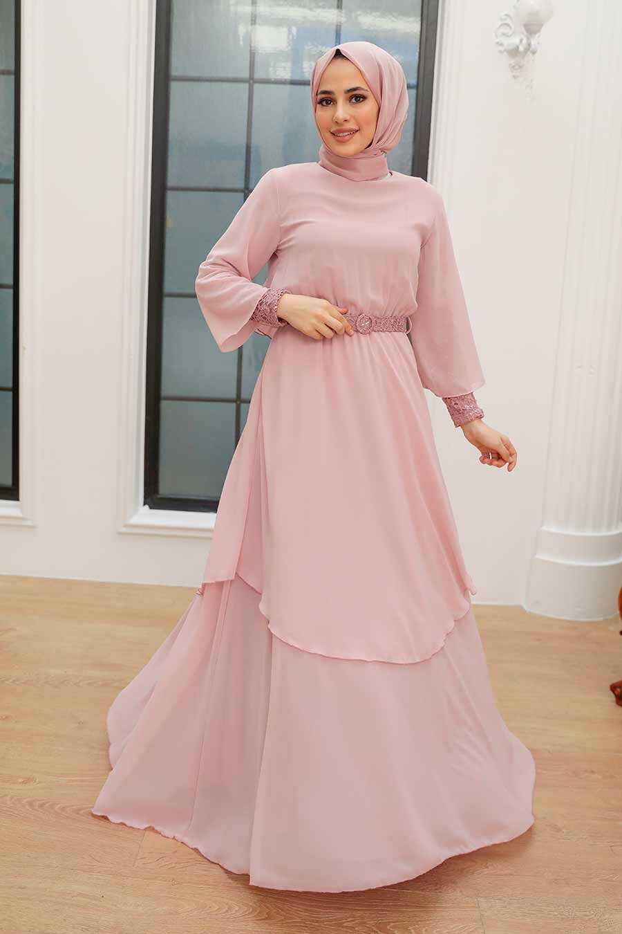 Powder Pink Hijab Evening Dress 5489PD