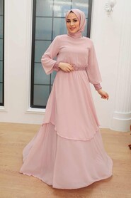 Powder Pink Hijab Evening Dress 5489PD - Thumbnail