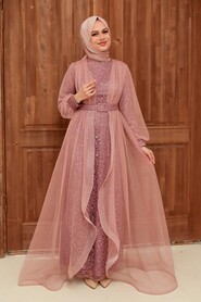 Powder Pink Hijab Evening Dress 56291PD - Thumbnail