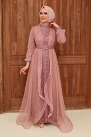 Powder Pink Hijab Evening Dress 56291PD - Thumbnail