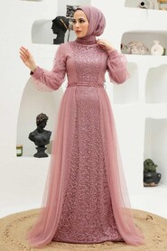 Powder Pink Hijab Evening Dress 5632PD - Thumbnail