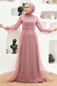 Powder Pink Hijab Evening Dress 5632PD - Thumbnail