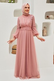 Powder Pink Hijab Evening Dress 56520PD - Thumbnail