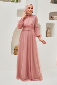 Powder Pink Hijab Evening Dress 56520PD - Thumbnail