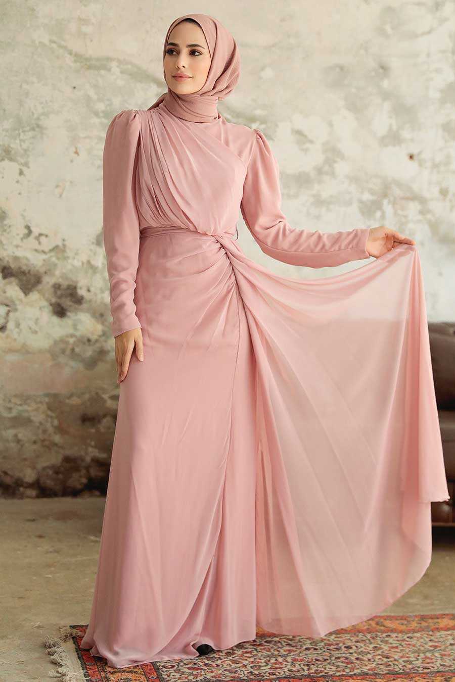 Powder Pink Hijab Evening Dress 5736PD