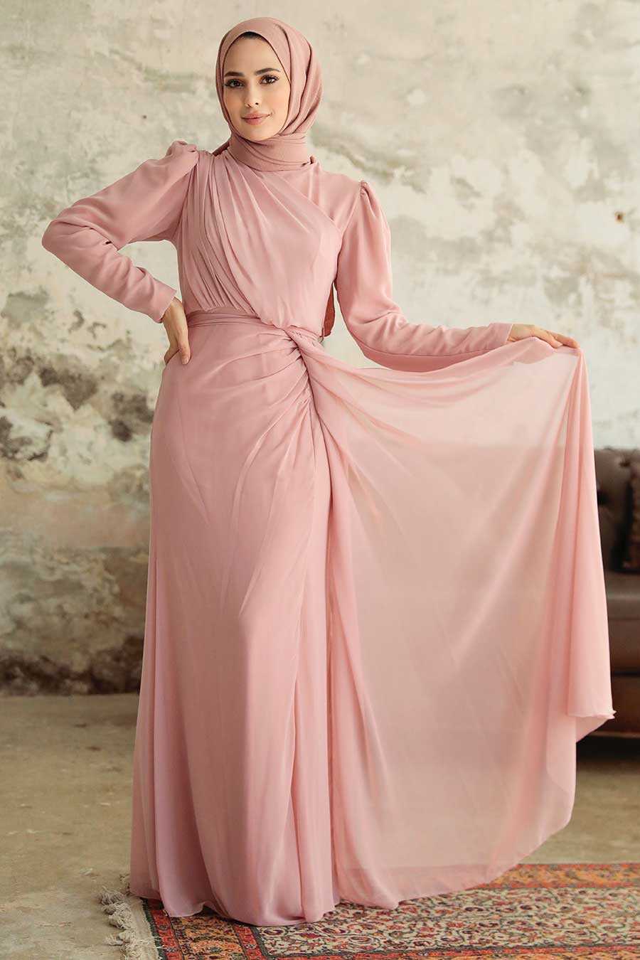 Powder Pink Hijab Evening Dress 5736PD