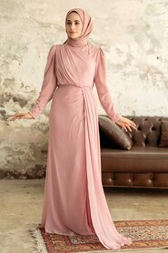 Powder Pink Hijab Evening Dress 5736PD - Thumbnail