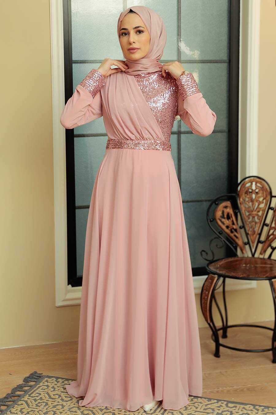 Powder Pink Hijab Evening Dress 5793PD