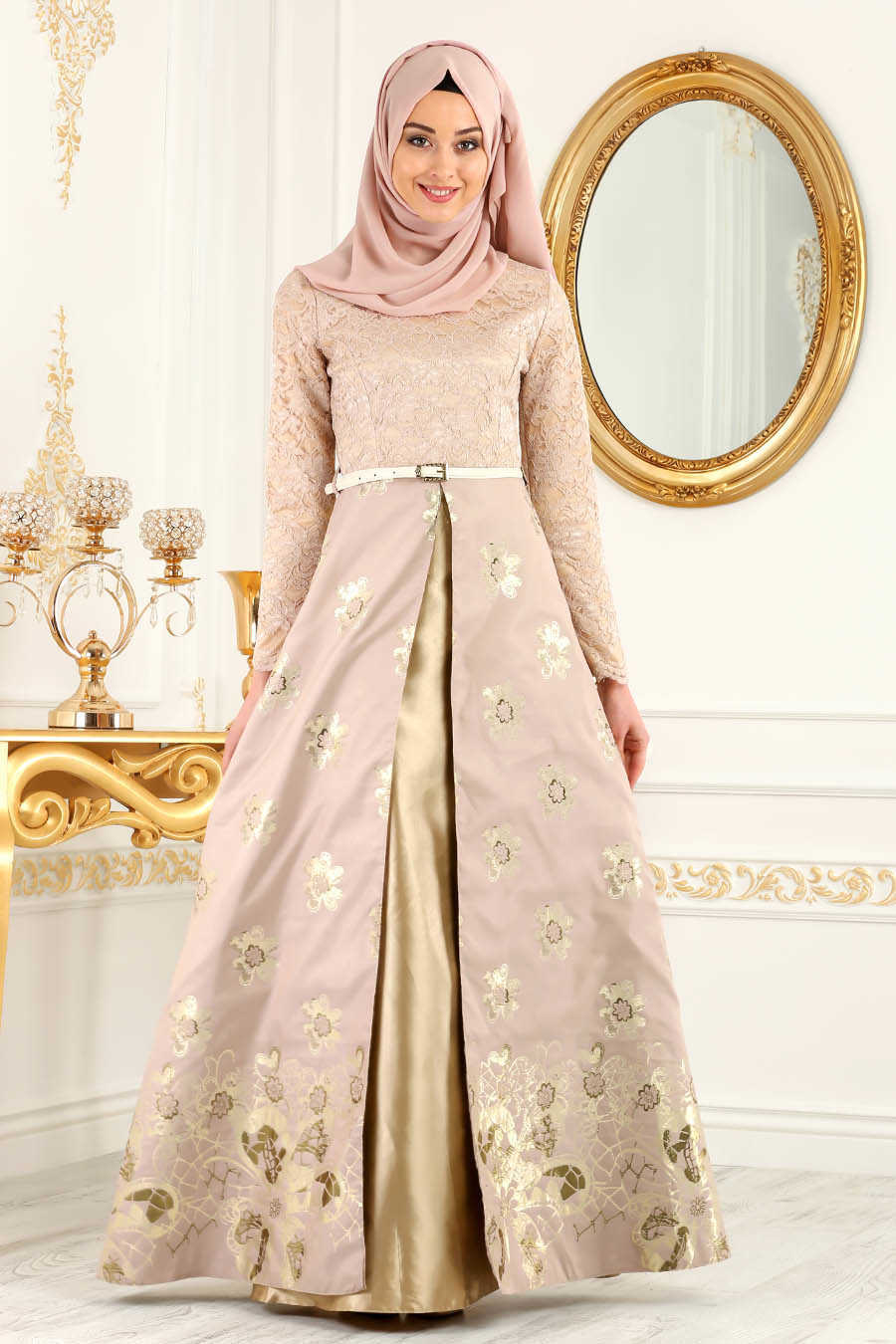 Powder Pink Hijab Evening Dress 82457PD