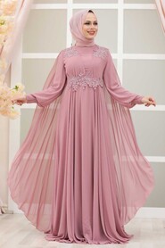 Powder Pink Hijab Evening Dress 9130PD - Thumbnail
