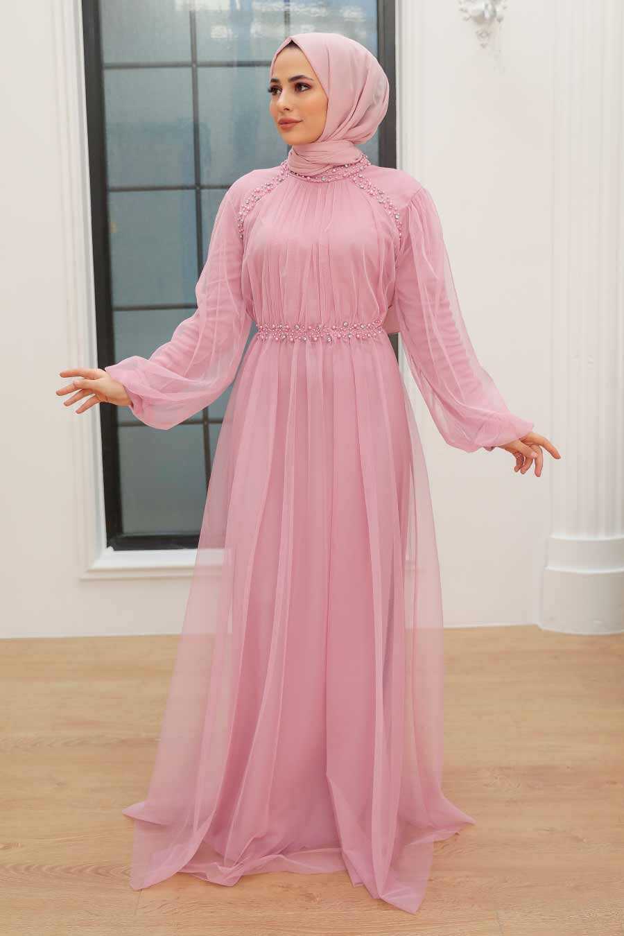 Powder Pink Hijab Evening Dress 9170PD