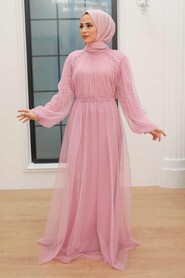 Powder Pink Hijab Evening Dress 9170PD - Thumbnail