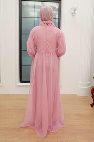 Powder Pink Hijab Evening Dress 9170PD - Thumbnail