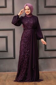 Neva Style - Elegant Pulum Color Islamic Clothing Prom Dress 5516MU - Thumbnail