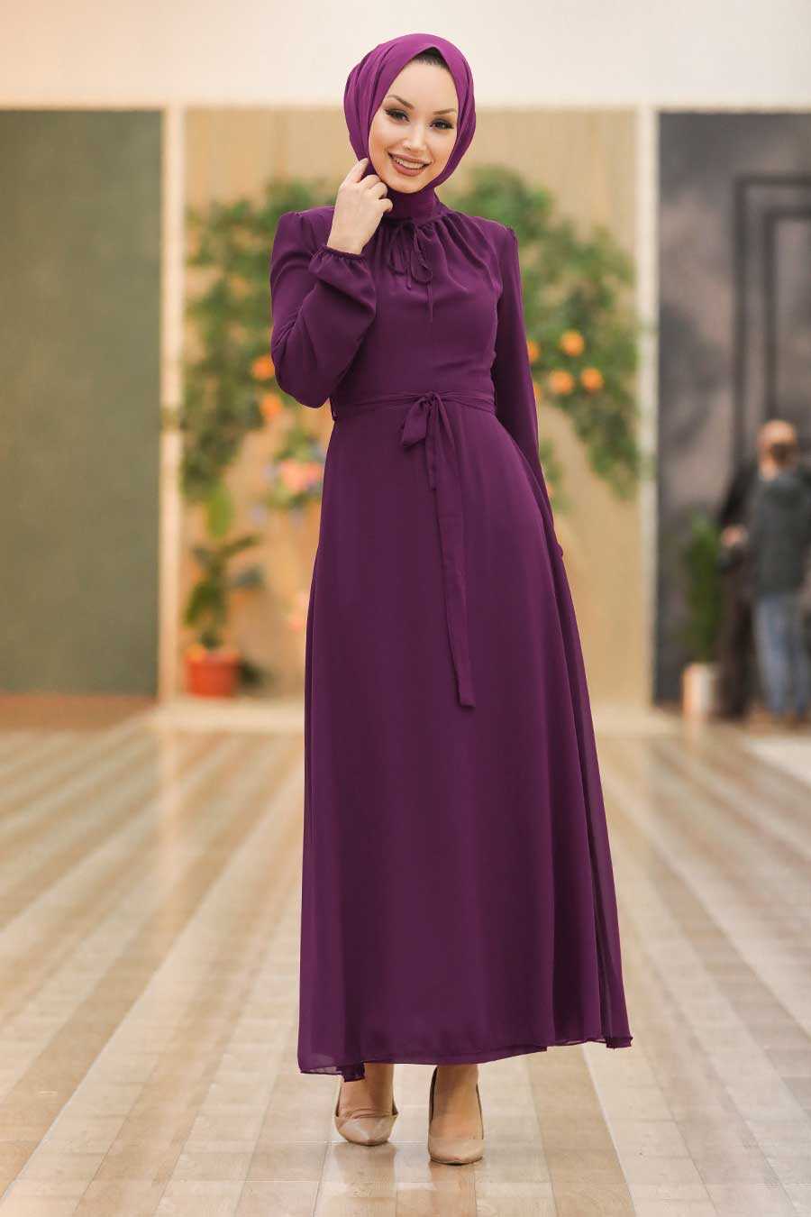smal Lounge gespannen Purple Hijab Dress 27922MOR - Neva-style.com