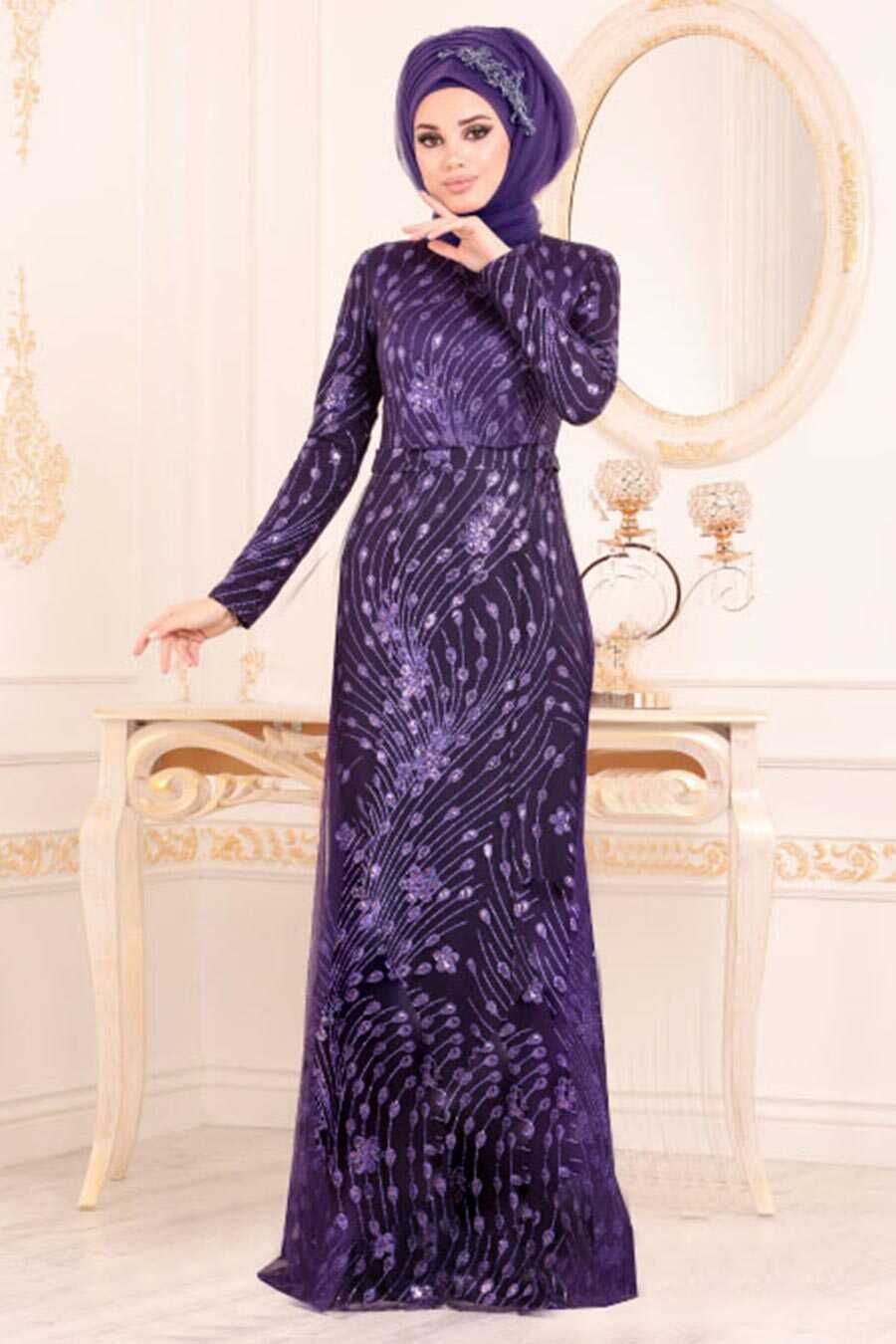 Purple Hijab Evening Dress 21020MOR