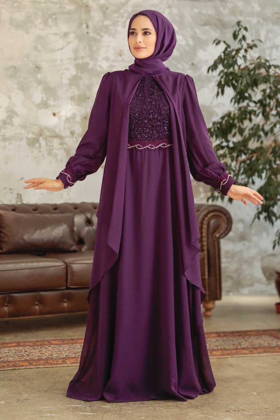 Purple Hijab Evening Dress 25765MOR