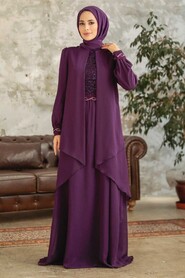 Purple Hijab Evening Dress 25765MOR - Thumbnail